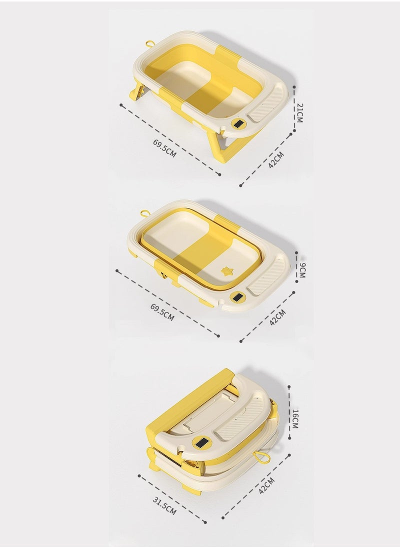 Portable Folding Bathtub with Color-Changing Thermometer – Double Folding Design – Soft TPE Hook & Storage – Yellow – Ideal for Small Spaces
