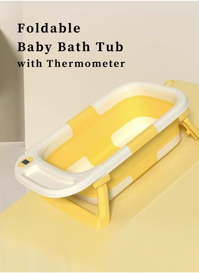 Portable Folding Bathtub with Color-Changing Thermometer – Double Folding Design – Soft TPE Hook & Storage – Yellow – Ideal for Small Spaces