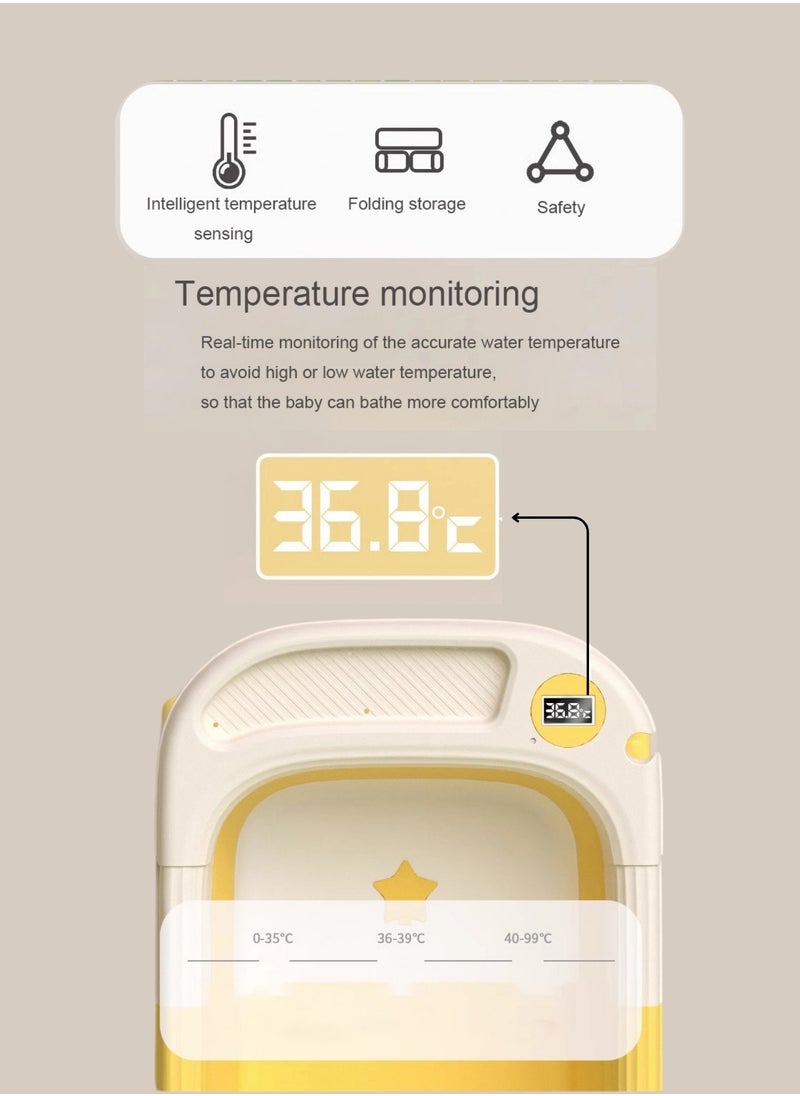 Portable Folding Bathtub with Color-Changing Thermometer – Double Folding Design – Soft TPE Hook & Storage – Yellow – Ideal for Small Spaces