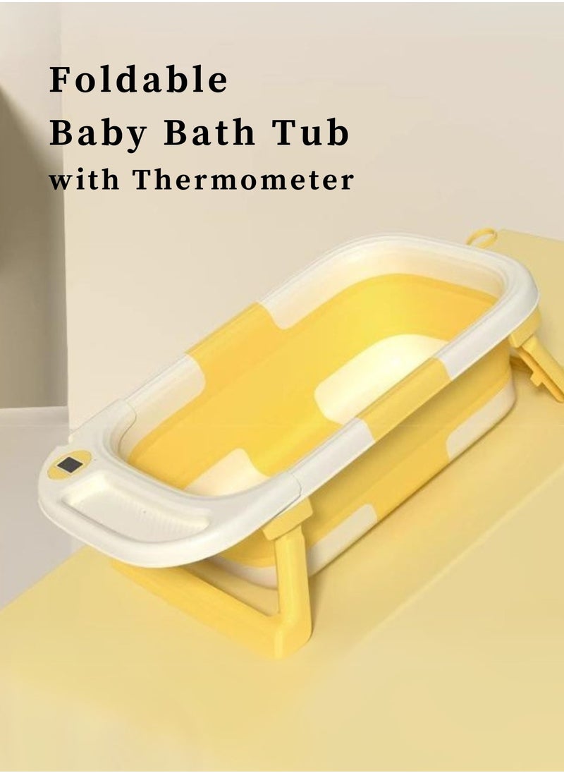 Portable Folding Bathtub with Color-Changing Thermometer – Double Folding Design – Soft TPE Hook & Storage – Yellow – Ideal for Small Spaces