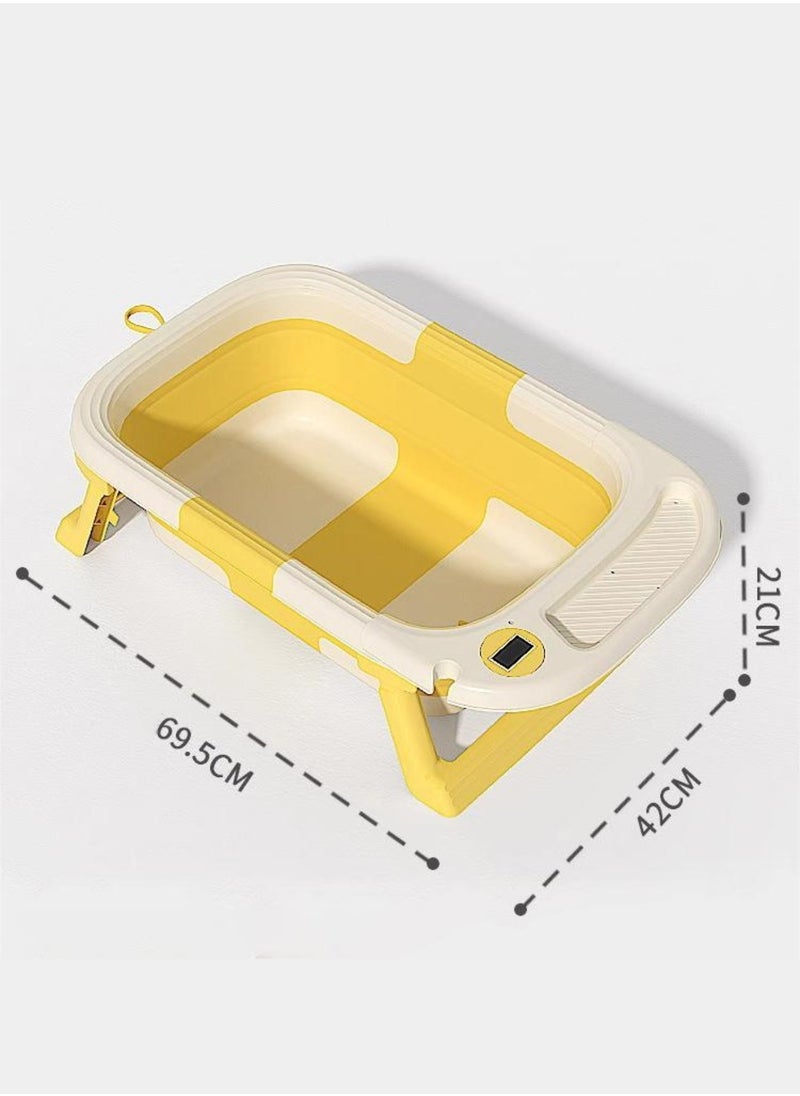Portable Folding Bathtub with Color-Changing Thermometer – Double Folding Design – Soft TPE Hook & Storage – Yellow – Ideal for Small Spaces