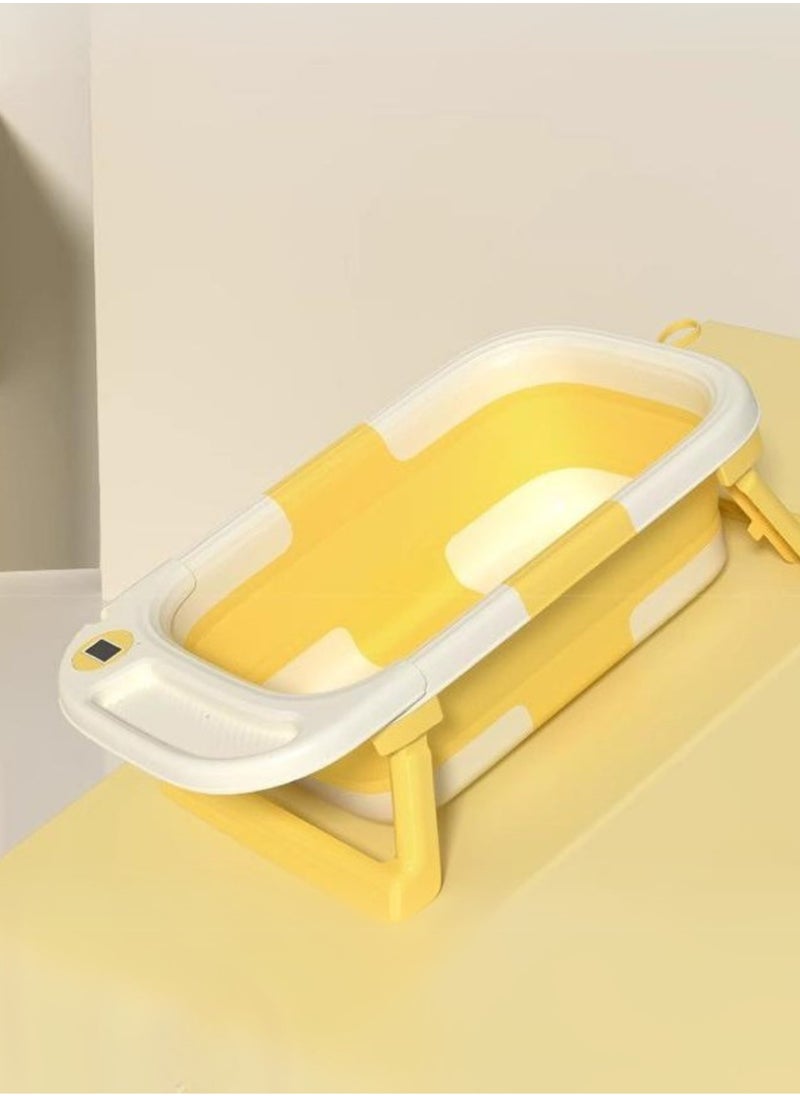 Portable Folding Bathtub with Color-Changing Thermometer – Double Folding Design – Soft TPE Hook & Storage – Yellow – Ideal for Small Spaces