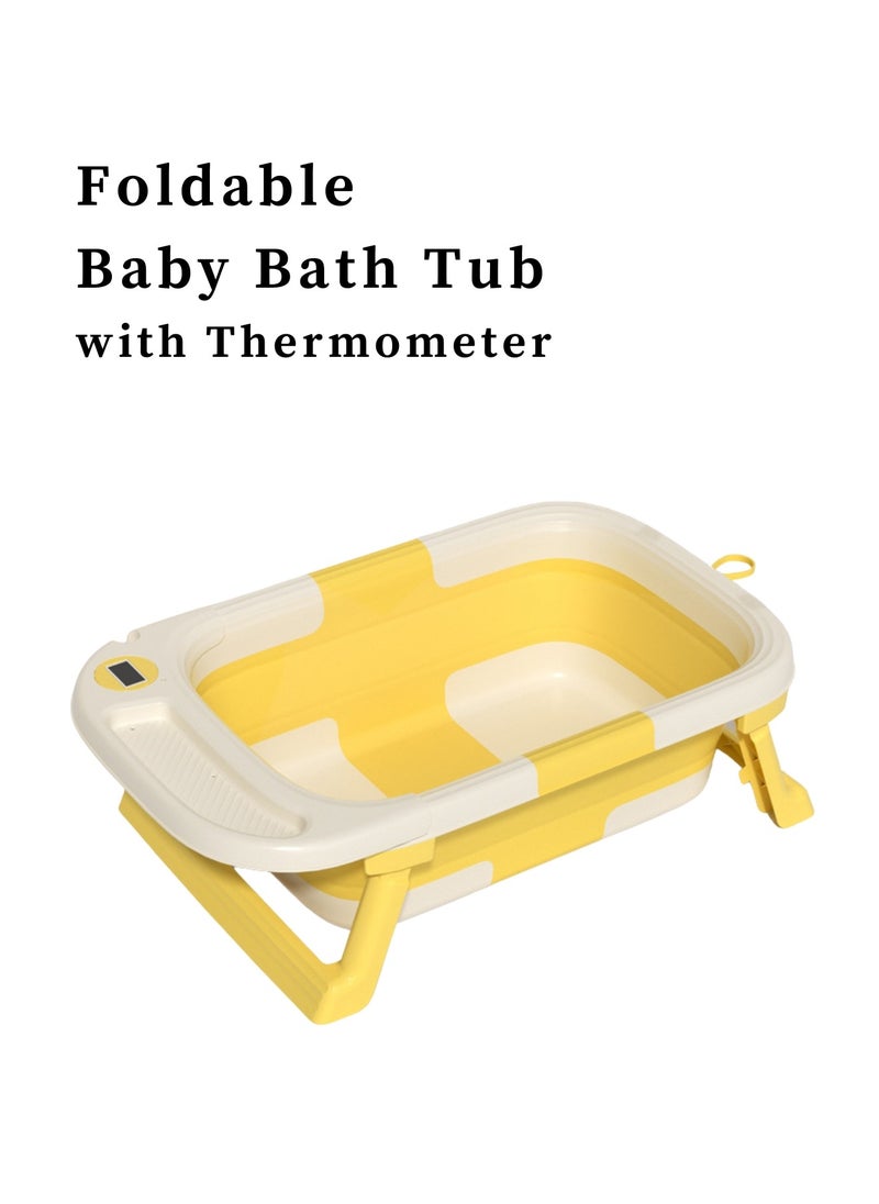 Portable Folding Bathtub with Color-Changing Thermometer – Double Folding Design – Soft TPE Hook & Storage – Yellow – Ideal for Small Spaces