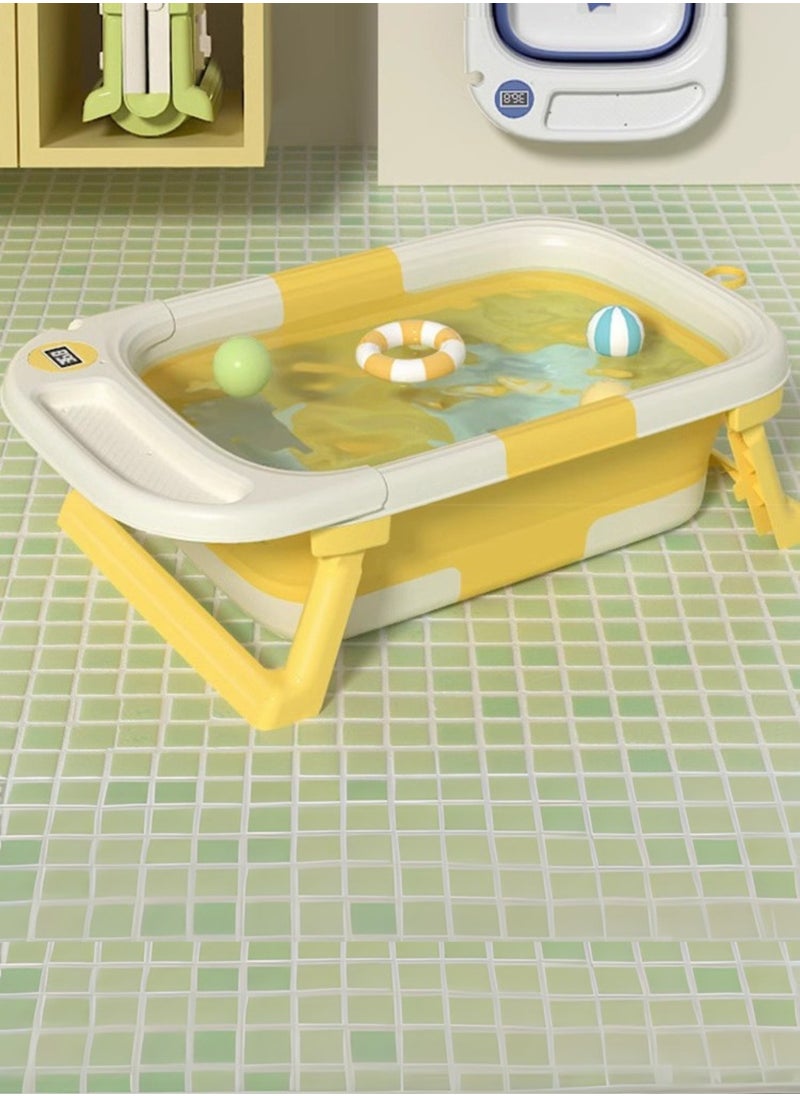 Portable Folding Bathtub with Color-Changing Thermometer – Double Folding Design – Soft TPE Hook & Storage – Yellow – Ideal for Small Spaces
