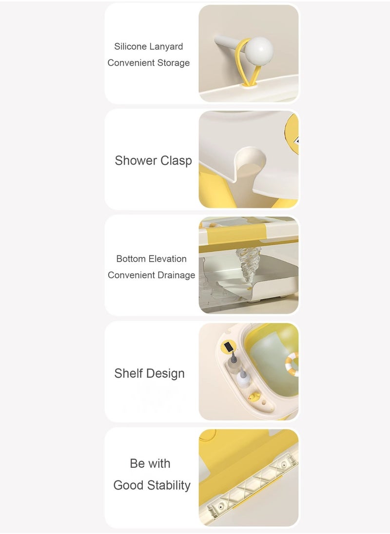 Portable Folding Bathtub with Color-Changing Thermometer – Double Folding Design – Soft TPE Hook & Storage – Yellow – Ideal for Small Spaces