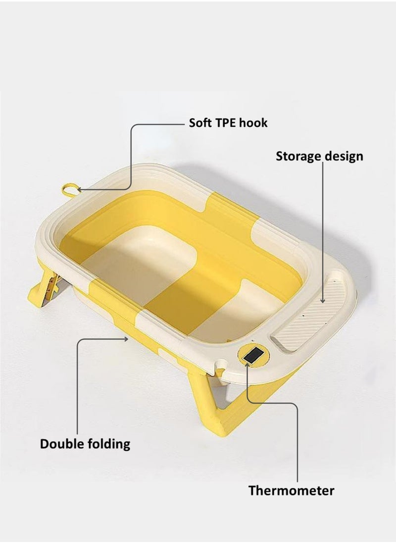 Portable Folding Bathtub with Color-Changing Thermometer – Double Folding Design – Soft TPE Hook & Storage – Yellow – Ideal for Small Spaces