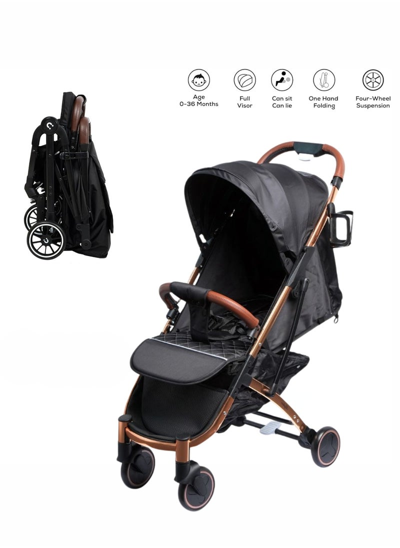 Compact Baby Stroller for Travel | 360° Rotatable Wheels, Five-Point Harness | Copper Color Aluminum Frame | Adjustable Canopy & Easy Carry with Pull Handle | Free Cup Holder