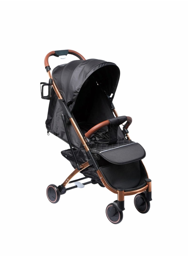 Compact Baby Stroller for Travel | 360° Rotatable Wheels, Five-Point Harness | Copper Color Aluminum Frame | Adjustable Canopy & Easy Carry with Pull Handle | Free Cup Holder