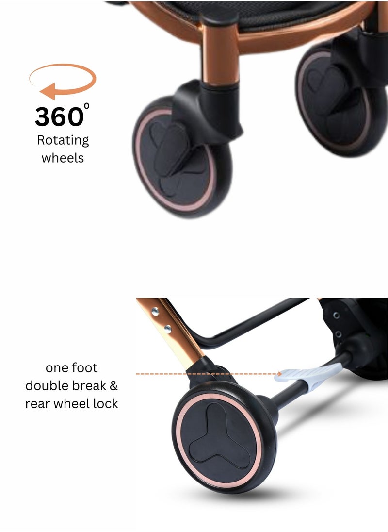 Compact Baby Stroller for Travel | 360° Rotatable Wheels, Five-Point Harness | Copper Color Aluminum Frame | Adjustable Canopy & Easy Carry with Pull Handle | Free Cup Holder