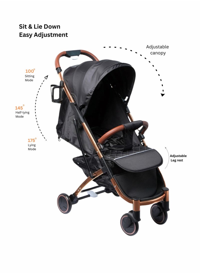 Compact Baby Stroller for Travel | 360° Rotatable Wheels, Five-Point Harness | Copper Color Aluminum Frame | Adjustable Canopy & Easy Carry with Pull Handle | Free Cup Holder