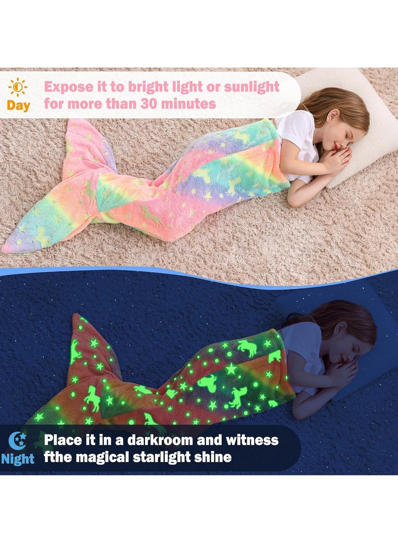 Kids Mermaid Tail Blanket, Mermaid Tail Blankets Glow in The Dark, Flannel Mermaid Blanket, Mermaid Tail Wearable Blanket, Luminous Unicorn Super Soft Tie Dye Girls Toys, Girls Toddlers Mermaid Toys