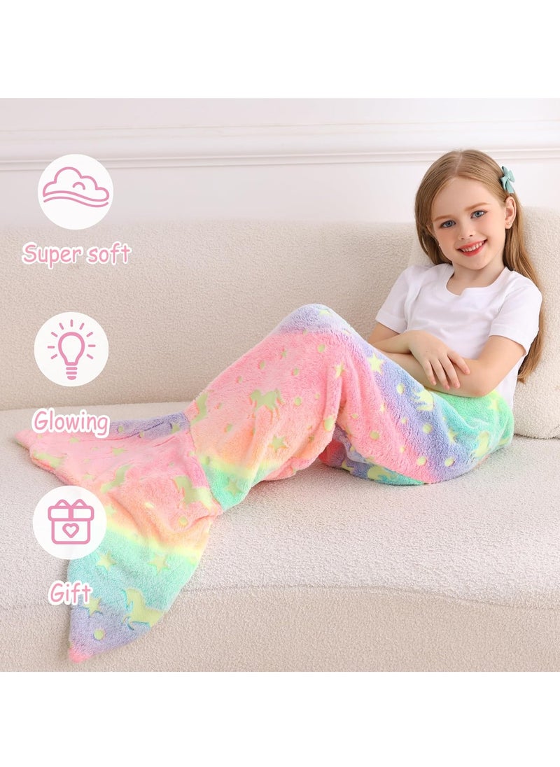 Kids Mermaid Tail Blanket, Mermaid Tail Blankets Glow in The Dark, Flannel Mermaid Blanket, Mermaid Tail Wearable Blanket, Luminous Unicorn Super Soft Tie Dye Girls Toys, Girls Toddlers Mermaid Toys