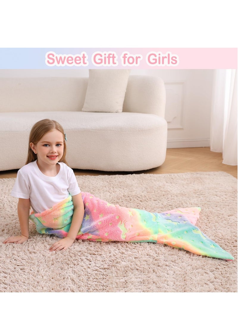 Kids Mermaid Tail Blanket, Mermaid Tail Blankets Glow in The Dark, Flannel Mermaid Blanket, Mermaid Tail Wearable Blanket, Luminous Unicorn Super Soft Tie Dye Girls Toys, Girls Toddlers Mermaid Toys