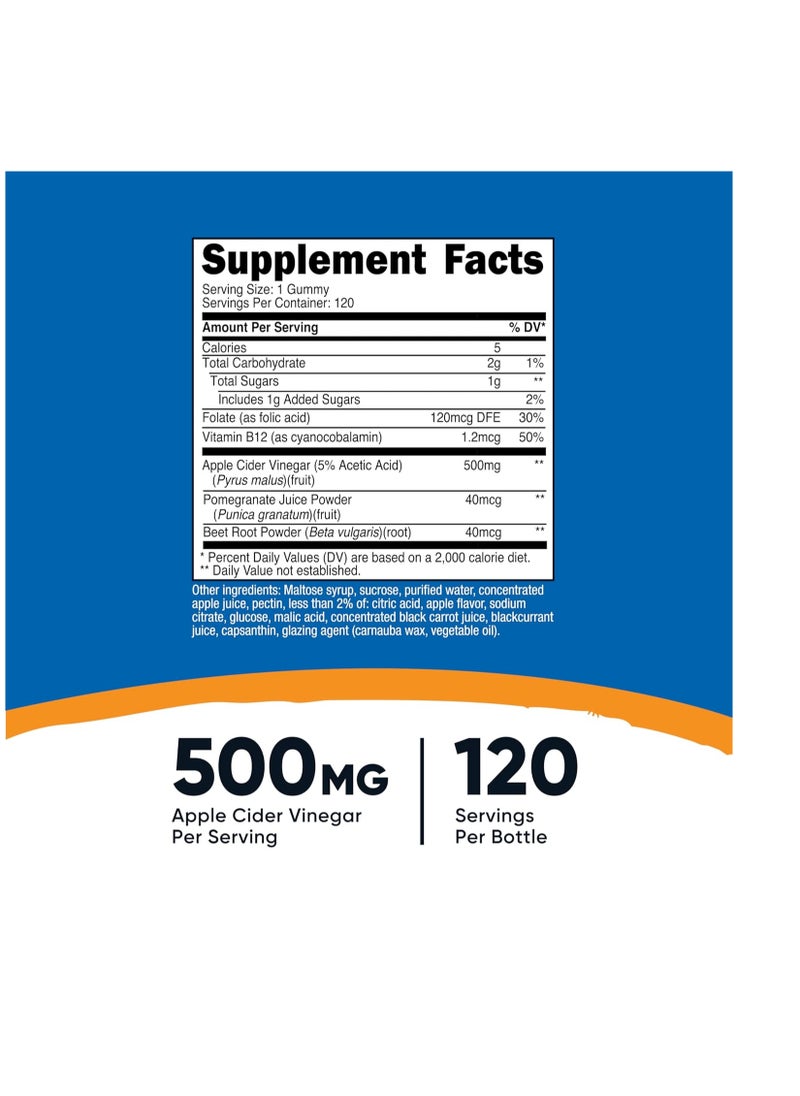 Apple Cider Vinegar 500mg, 120 Gummies, Apple Flavored - Gluten Free, Non-GMO, No Corn Syrup