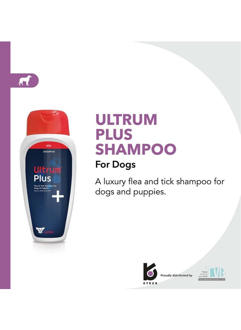 Kyron Ultrum Plus Shampoo For Dogs 250ml polyethylene bottles with flip-top cap.