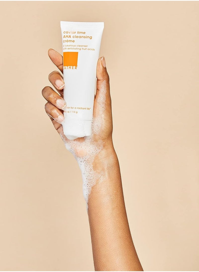 LATHER Caviar Lime AHA Cleansing Cream Face Wash - Lactic Acid & Vitamin C Cleanser - Gently Exfoliating & Foaming Face Wash for Combination, Oily/Acne prone, Mature/Dry Skin - 4 Fl Oz