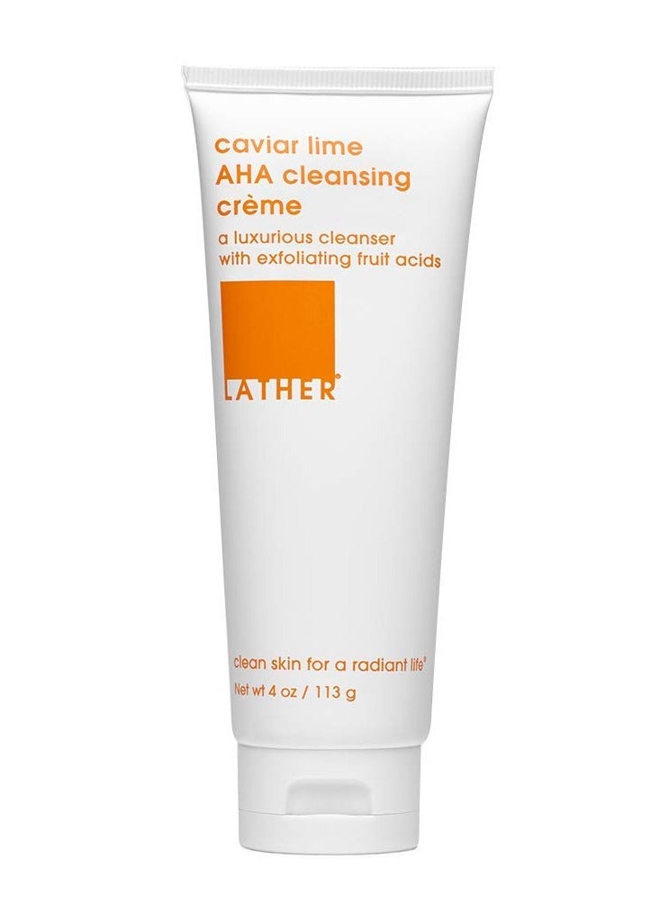 LATHER Caviar Lime AHA Cleansing Cream Face Wash - Lactic Acid & Vitamin C Cleanser - Gently Exfoliating & Foaming Face Wash for Combination, Oily/Acne prone, Mature/Dry Skin - 4 Fl Oz