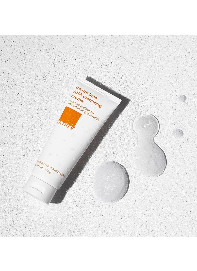 LATHER Caviar Lime AHA Cleansing Cream Face Wash - Lactic Acid & Vitamin C Cleanser - Gently Exfoliating & Foaming Face Wash for Combination, Oily/Acne prone, Mature/Dry Skin - 4 Fl Oz
