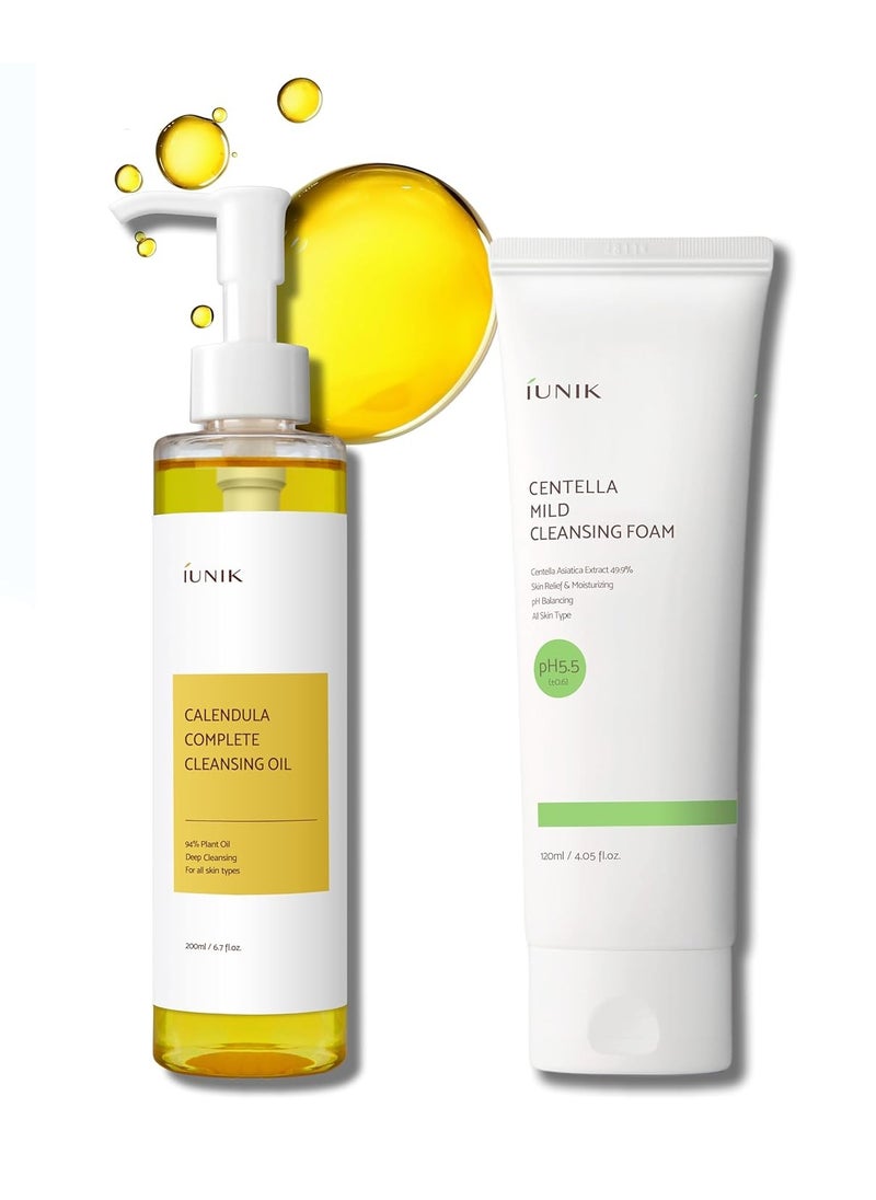 IUNIK Calendula Jojoba Oil Cleanser Gentle Makeup Remover Pore Cleansing Oil & Centella Mild Facial Foaming Cleanser Non-stripping pH balancing Moisturizing Double Cleansing Kit Korean Skincare