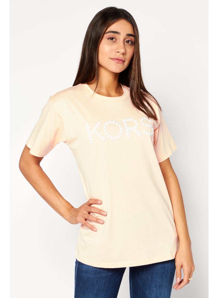Women Crew Neck Short Sleeve Embellished T-Shirts, Dusty Coral