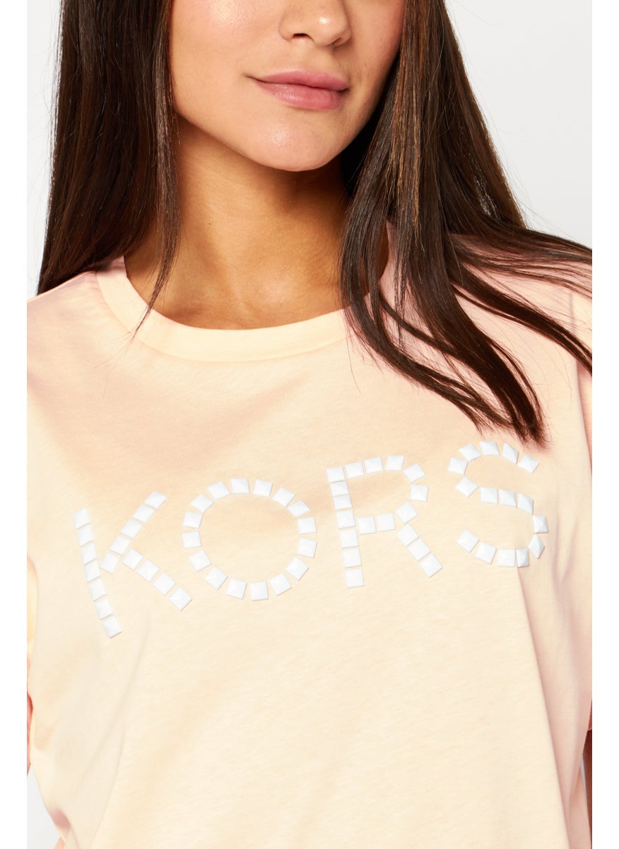 Women Crew Neck Short Sleeve Embellished T-Shirts, Dusty Coral