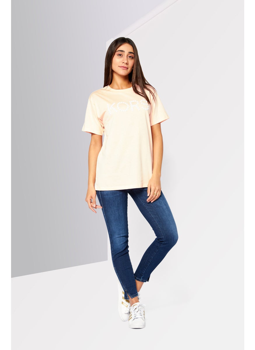 Women Crew Neck Short Sleeve Embellished T-Shirts, Dusty Coral