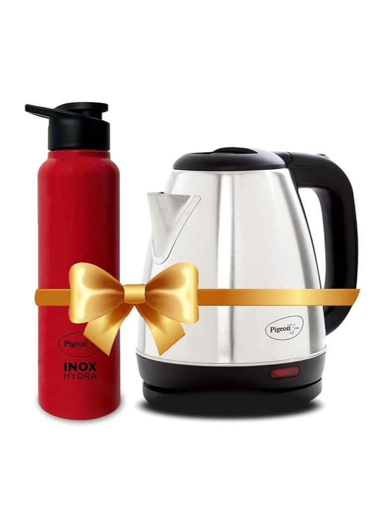 Pigeon 1.5 litre Hot Kettle and Stainless Steel Water Bottle Combo used for boiling Water, Making Tea and Coffee, Instant Noodles, Soup, 1500 Watt with Auto Shut- off Feature - (Silver)