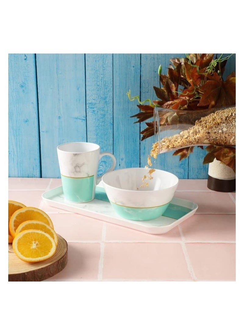 Breakfast And Snack 3 Pcs Set For Multipurpose Combo Of Bowl And Cup with Tray Bowl 14.5 X 7 Tray X 23.5Cm Mug X 400ml Melamine Green And White