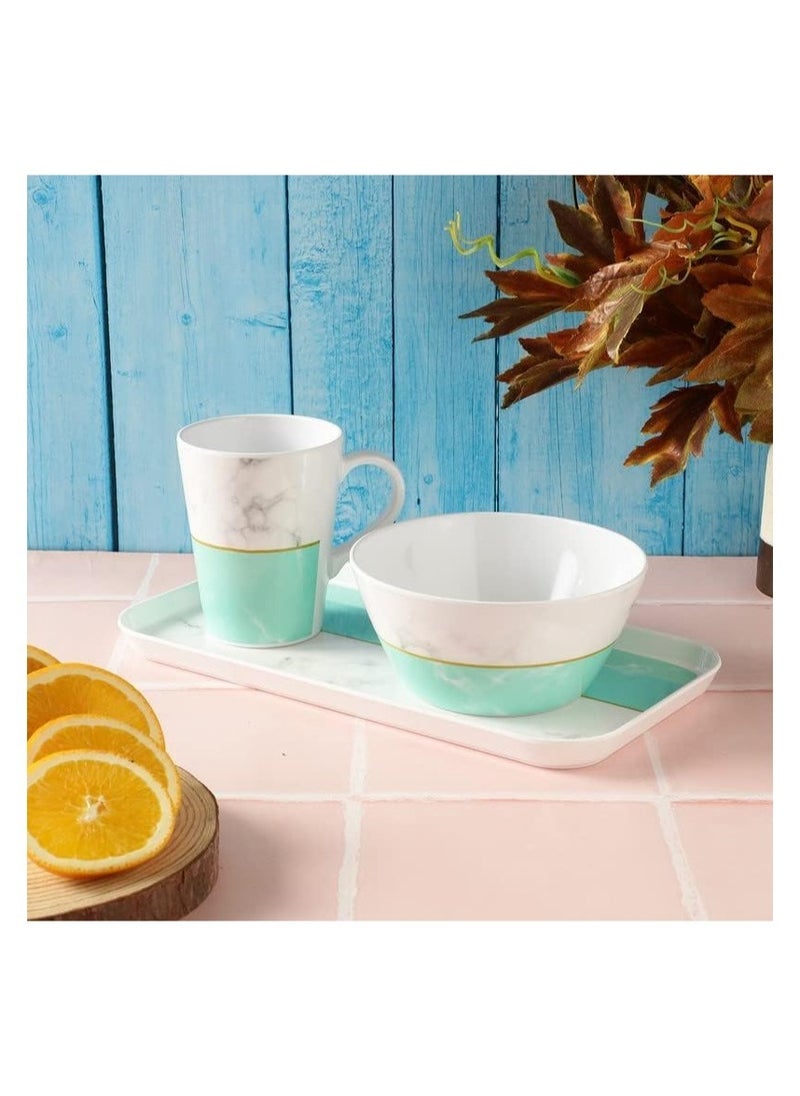 Breakfast And Snack 3 Pcs Set For Multipurpose Combo Of Bowl And Cup with Tray Bowl 14.5 X 7 Tray X 23.5Cm Mug X 400ml Melamine Green And White