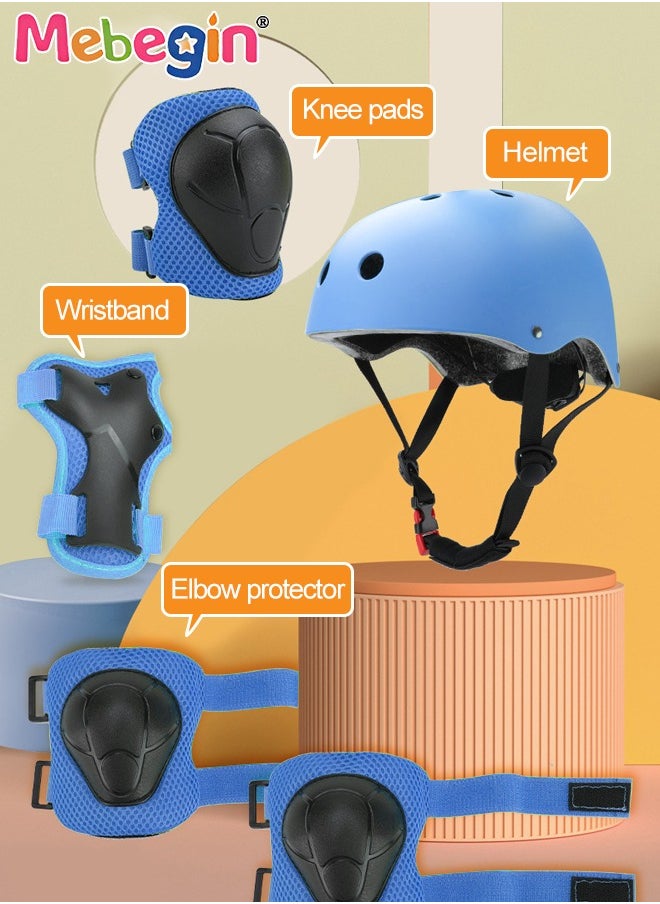 7 Pcs Multi-Sport Protective Gear Set with Adjustable Helmet Knee and Elbow Pads Wrist Guards fit for Multi Sports Scooter, Skateboarding, Biking, Roller Skating Blue