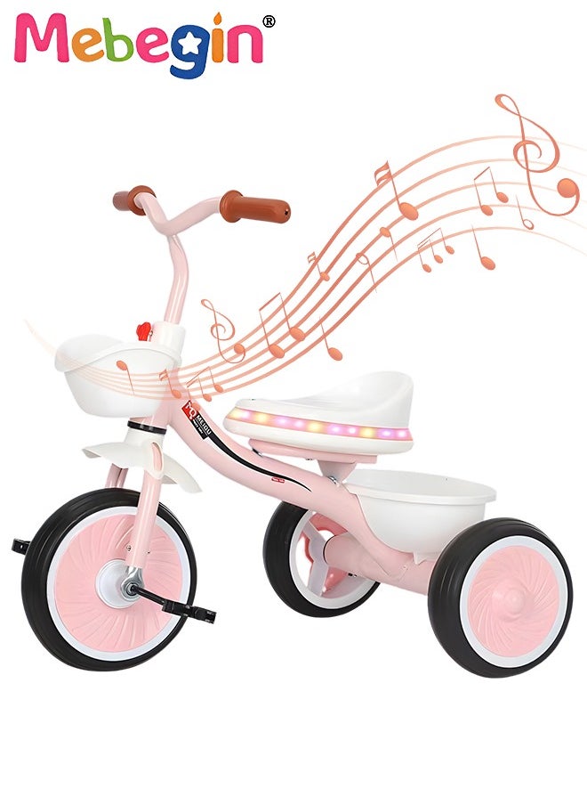 Kids Tricycles Car Ride On Toy with Music,Pedal Baby Balance Bike with 3 Silence Wheels Boys and Girls Outdoor Ride Ons Trikes for Kids First Birthday Gifts Pink