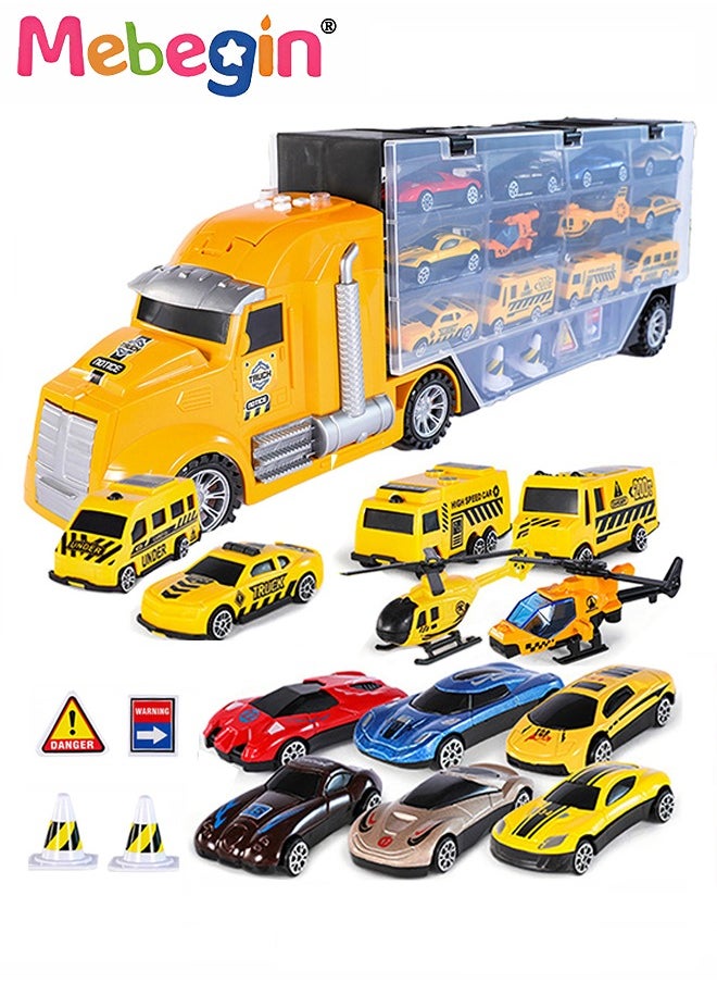 Vehicles Toy Set for Boys 17 Pcs Engineering Die-cast Construction Car with Music and Light Friction Powered Cars with Double Side Storage Carrier Truck Birthday Gift for Kids Age 3+