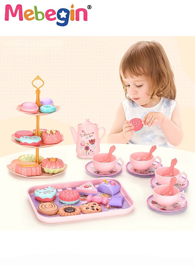 Tea Set for Little Girls, Birthday Gift for Age 3+ Years Old, Toddler Toys Tea Party Set for Little Girls, Princess Kids Kitchen Pretend Toy with Tin Tea Set, Desserts u0026 Carrying Case