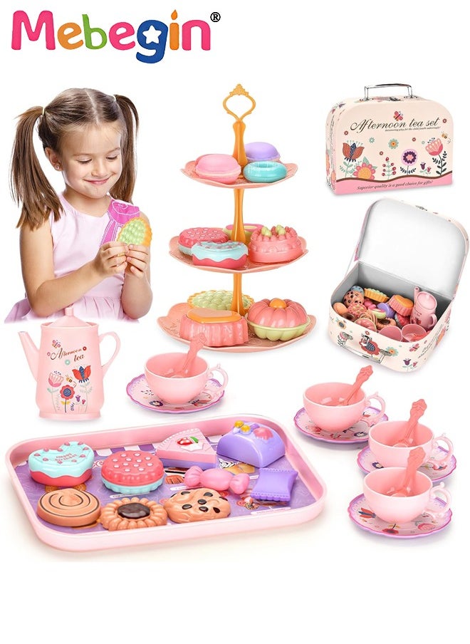 Tea Set for Little Girls, Birthday Gift for Age 3+ Years Old, Toddler Toys Tea Party Set for Little Girls, Princess Kids Kitchen Pretend Toy with Tin Tea Set, Desserts u0026 Carrying Case