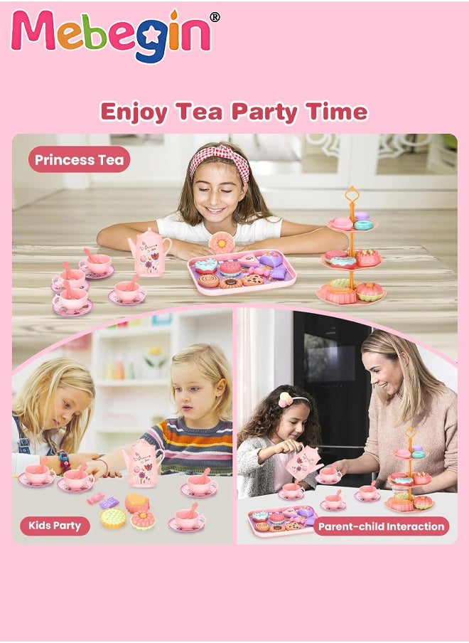 Tea Set for Little Girls, Birthday Gift for Age 3+ Years Old, Toddler Toys Tea Party Set for Little Girls, Princess Kids Kitchen Pretend Toy with Tin Tea Set, Desserts u0026 Carrying Case