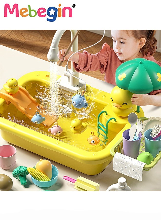 2 in 1 Toy Sink Playset, Large-capacity Play Sink with Running Water, Kitchen Sink Toys with Upgraded Faucet, Pretend Kitchen Playset with Rich Accessories, Kids Role Play Dishwasher Toy, Creative D