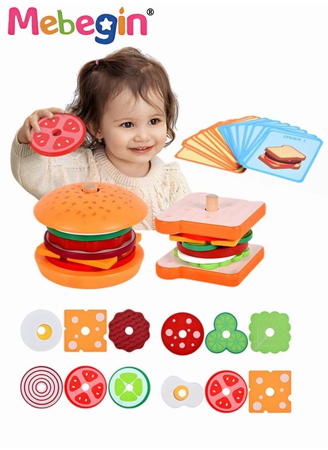 Wooden Sandwich and Hamburger Making Set, Hamburgers and Sandwiches Building Blocks, Kitchen Play House Games， Colorful Creative Kitchen Toy, Imagination- and Creativity-sparking Toys, Ideal Gift fo