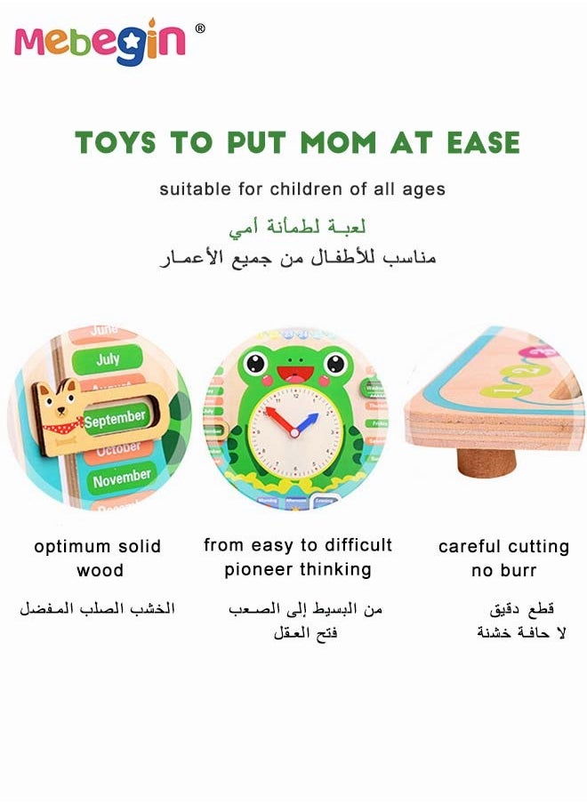 Montessori Wooden Toys Kids Clock Toy  Unique Frog Shape Wooden Learning Toy for Toddlers 36 Month+ Year Olds Learn About Seasons Month Days of Week Time Educational Toys