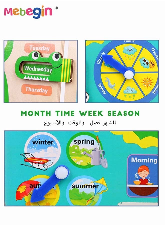 Montessori Wooden Toys Kids Clock Toy  Unique Frog Shape Wooden Learning Toy for Toddlers 36 Month+ Year Olds Learn About Seasons Month Days of Week Time Educational Toys