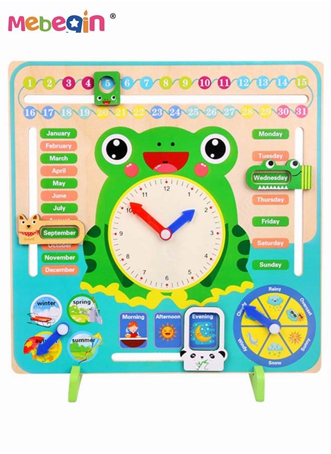 Montessori Wooden Toys Kids Clock Toy  Unique Frog Shape Wooden Learning Toy for Toddlers 36 Month+ Year Olds Learn About Seasons Month Days of Week Time Educational Toys