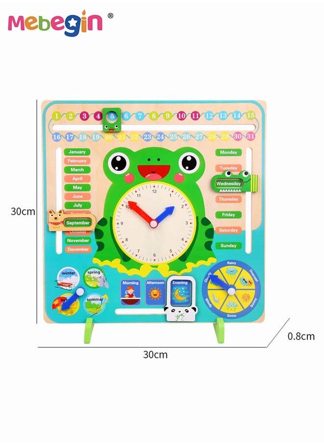 Montessori Wooden Toys Kids Clock Toy  Unique Frog Shape Wooden Learning Toy for Toddlers 36 Month+ Year Olds Learn About Seasons Month Days of Week Time Educational Toys