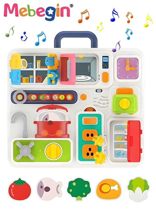 Busy Board with Music and Lights, Musical Sensory Learning Toys for Toddler Travel Toys, Montessori Busy Board Educational Learning Activities Fine Motor Skills Kitchen Cognition Game Board