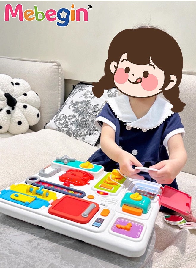 Busy Board with Music and Lights, Musical Sensory Learning Toys for Toddler Travel Toys, Montessori Busy Board Educational Learning Activities Fine Motor Skills Kitchen Cognition Game Board