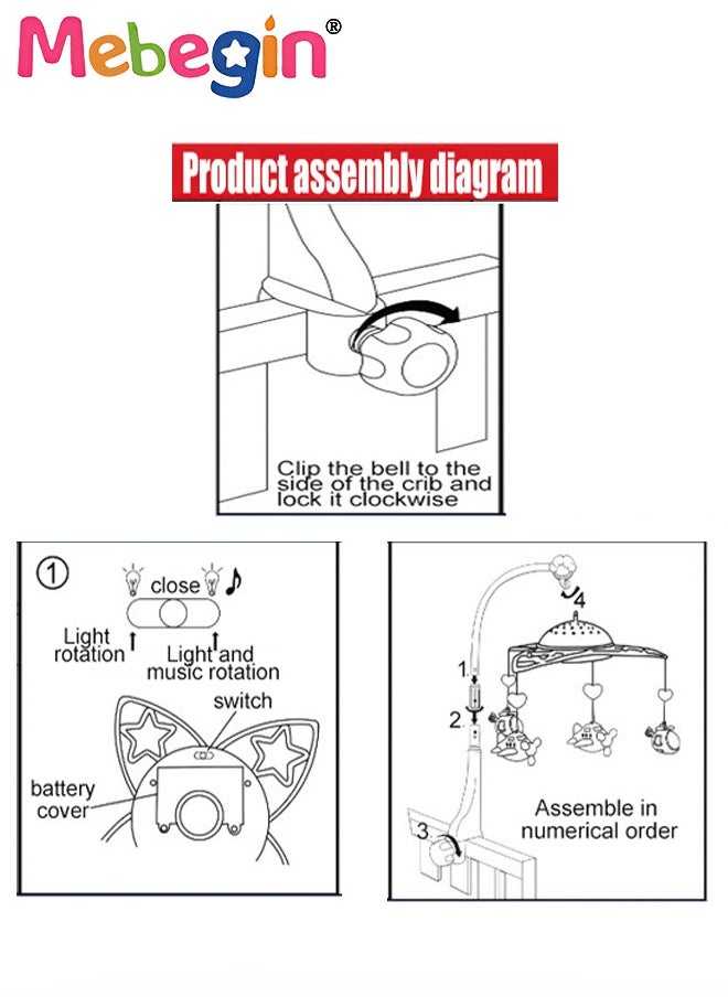 Baby Crib Mobile with Music and Projection, Universal Crib Attachment, Adorable crib hanging toys, Multifunctional Hanging Toys, Ideal Nursery Toy for Babies, 2 AA Batteries Required(Not Included)