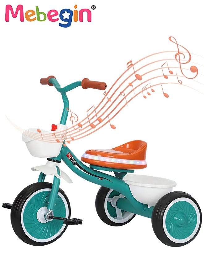 Kids Tricycles with Music and Light, Pedal Balance Bike with 3 Silence Wheels, Storage Basket and Pedals, Outdoor Ride-on Bikes, Suitable for a Wide Range of Roads, Ideal Gift for Kids