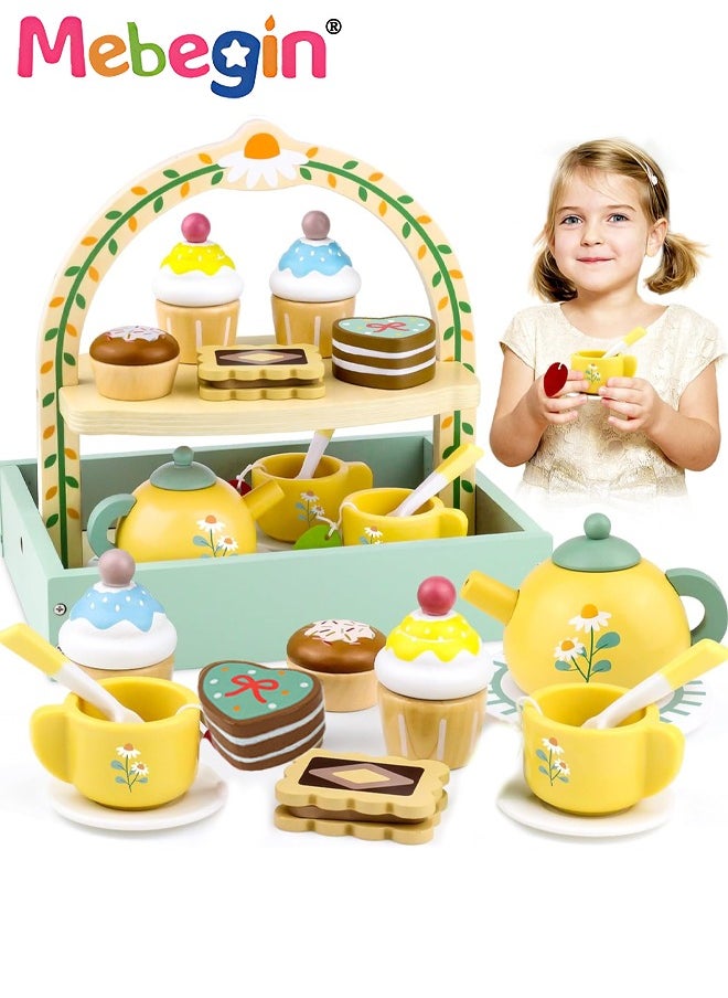 Wooden Tea Party Set for Little Girls, Toddler Tea Set Toys with Cupcake Stand u0026 Play Food Kitchen Accessories, Wooden Pretend Play Toys for Toddlers 36 Month or 3+ Years Old Birthday Gift