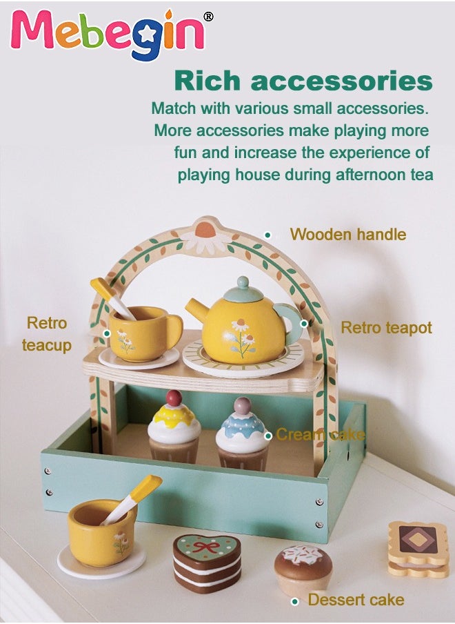 Wooden Tea Party Set for Little Girls, Toddler Tea Set Toys with Cupcake Stand u0026 Play Food Kitchen Accessories, Wooden Pretend Play Toys for Toddlers 36 Month or 3+ Years Old Birthday Gift