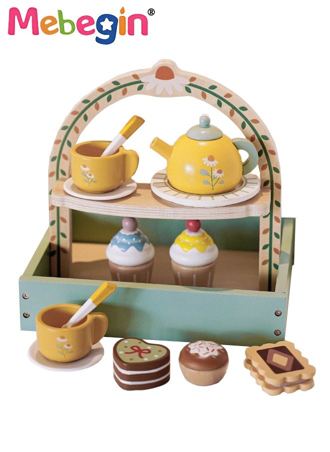 Wooden Tea Party Set for Little Girls, Toddler Tea Set Toys with Cupcake Stand u0026 Play Food Kitchen Accessories, Wooden Pretend Play Toys for Toddlers 36 Month or 3+ Years Old Birthday Gift