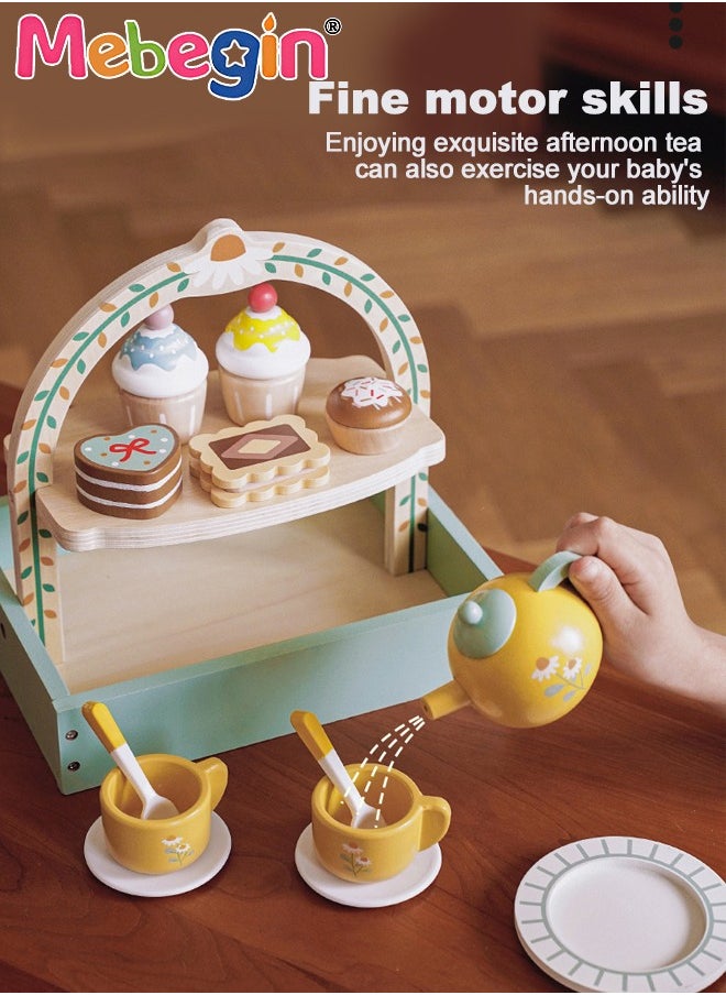 Wooden Tea Party Set for Little Girls, Toddler Tea Set Toys with Cupcake Stand u0026 Play Food Kitchen Accessories, Wooden Pretend Play Toys for Toddlers 36 Month or 3+ Years Old Birthday Gift