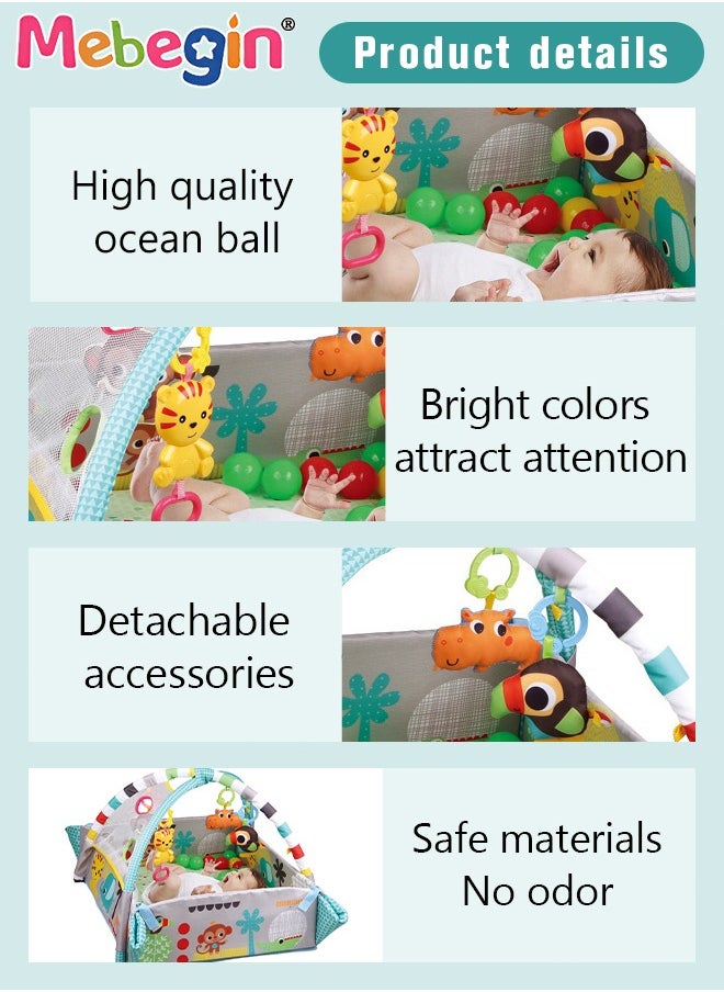 5 in 1 Foldable Baby Play Mat, Baby Activity Gym Mat with Detachable Hanging Toys and Colorful Ocean Balls, Soft Baby Mats for Floor Play, Non-slip Tummy Time Mat for Infants, Infant Playpen with Ad